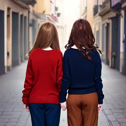 Prompt: two gurls holding hands, one is blonde 18 years old (wears a dark red sweater and a dark blue pants) and the other girl is brown hair brunette 29 years old (light biolet sweater and a black wide pants), professional light, romantic mood, blue eyes, hyper realistic faces, side parted hair, from the back, satte farben, happiness, romantic, background a n9ght sky dark blue and a restaurant