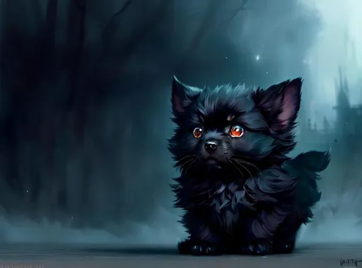 Prompt: Cute, black, fluffy, fantasy dark puppy, with dark, black eyes, very, dark fur, and possessing the element of darkness and making circles of dark magic move around in the air in a magical way. Perfect features, extremely detailed, realistic. Krenz Cushart + loish +gaston bussiere +craig mullins, j. c. leyendecker +Artgerm.