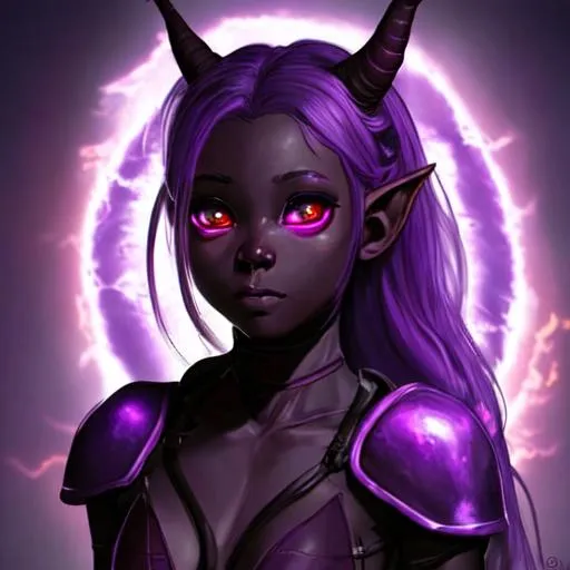 Prompt: Beautiful, scared, innocent, young adolescent tiefling girl, very dark ash skin, fire eyes, leather armor, holding daggers glowing with light purple psionic energy
