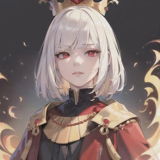 Prompt: (masterpiece, illustration, best quality:1.2), wolfcut, short white hair, red eyes, wearing black robe portrait, mean face, small golden crown on top, best quality face, best quality, best quality skin, best quality eyes, best quality lips, ultra-detailed eyes, ultra-detailed hair, ultra-detailed, illustration, colorful, soft glow, 1girl, beautiful woamn, princess like