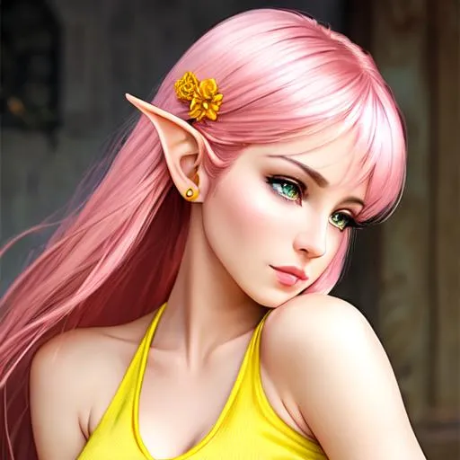 Prompt: elven woman with shoulder length pink hair and yellow eyes, droopy ears, wearing a yellow tank top