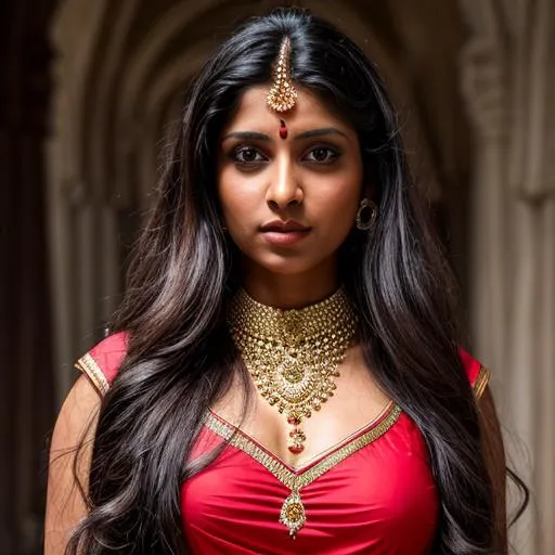 Prompt: Please create a painting , photorealist , realistic , highres, ultra detailed, 8k, uhd, ((Indian woman [gmazzeo], solo, sad, red eyes, medieval dress, perfect body, extra long hair, black hair, medium see-through):1.2), (fullbody view:1.4),
