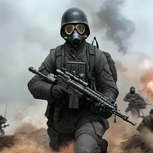 Prompt: Several mordern male black color with gas mask black running of the trenches, Highly Detailed, Hyperrealistic, sharp focus, Professional, UHD, HDR, 8K, Render, electronic, dramatic, vivid, pressure, stress, nervous vibe, loud, tension, traumatic, dark, cataclysmic, violent, fighting, Epic, Last battle in earth.


