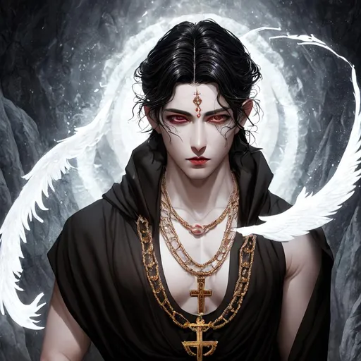 Prompt: young handsome male, black hair ,arabian siren eyes, sad, blind closed eyes, dark lips, one ear damaged, dimple on one side,rosary,monk outfit white,in a mountain temple, prayer appoitment, scar on the body, chains, ultra hd, 64k, artstation, digital art, particles, volumetric lighting, realistic, high quality, unreal engine 4, hd render