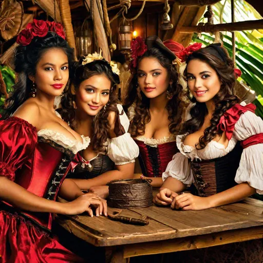 Prompt: RAW photo, 3girls, pretty young Indonesian pirates (round face, high cheekbones, almond-shaped brown eyes, epicanthic fold, small delicate nose), ((pirate costumes)), (red bustier corset, lace jacket), sitting at rough wooden table, pirate inn, tropical flowers, busy background, bokeh, masterpiece, intricate detail, hyper-realistic, photorealism, award–winning photograph, shot on Fujifilm XT3