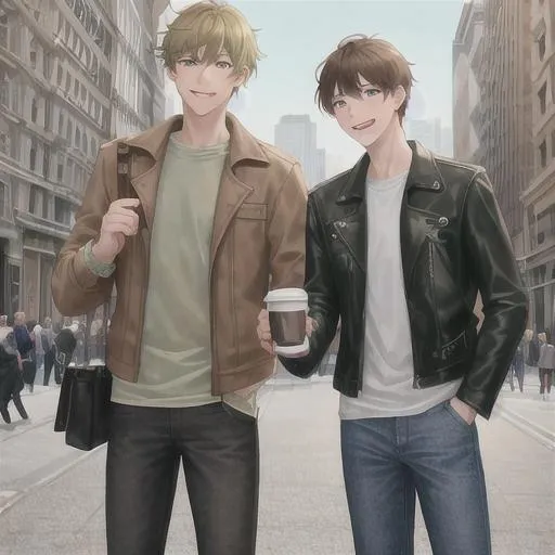 Prompt: guy holding cup of coffee, 1man, {{{masterpiece, masterful}}}, full body light skin, highres, {light brown hair with dark green highlights},{heterochromia, light green eyes}, , {short hair}, {{{casual clothes, leather jacket, jeans}}}, smiling laughing, city background, with friends