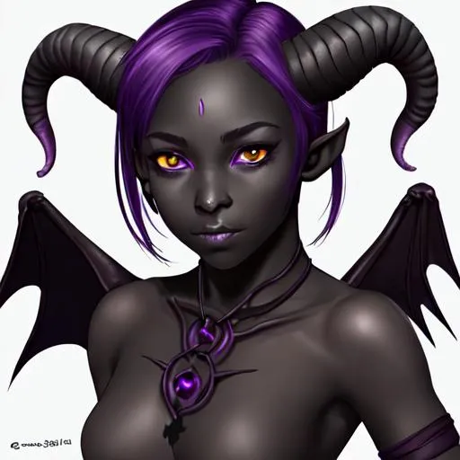 Prompt: Portrait of a beautiful, innocent, young, adolescent tiefling girl, very dark gray skin, immature horns, fiery eyes, folded bat wings, tattered amethyst leather armor
