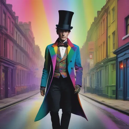 Prompt: a man in a top hat and coat walking down a street with a top hat on his head and a rainbow coat on, Dirk Crabeth, hypermaximalist, a character portrait, neo-romanticism