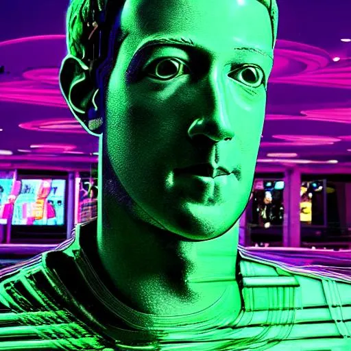 Prompt: A breathtaking sculpture of cgi (Mark Zuckerberg) made out of recycled Facebook data, magic, tron, Johnny mnemonic, vaporwave, glitch art