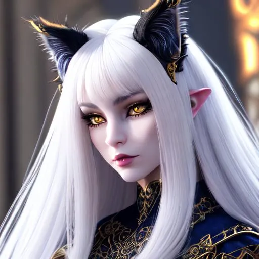 Prompt:  intricate facial detail, high quality, detailed face, intricate quality, hyperrealistic full body pose, hyperrealistic ethereal, demon girl, dark blue and long hair, white lynx ears, sharp jaw, black sclera, hyperrealistic golden cat eyes , hyperrealistic human nose, hyperrealistic lips, ethereal, divine, hyperrealistic face, hyperrealistic pale skin, intricate eye detail, pale face, pale skin, straight dark blue hair, blessed, miracle, shiny blue eyes, detailed lips, mesmerizing, gorgeous, stunning, highly detailed concept art, high resolution scan, hd octane render, intricate detailed, highly detailed face, unreal engine, trending on artstation, UHD, 8k, Very detailed