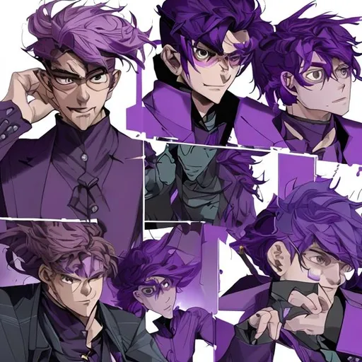 Prompt: Strategist male with purple clothes and purple hair, intelligent, beautiful, modern