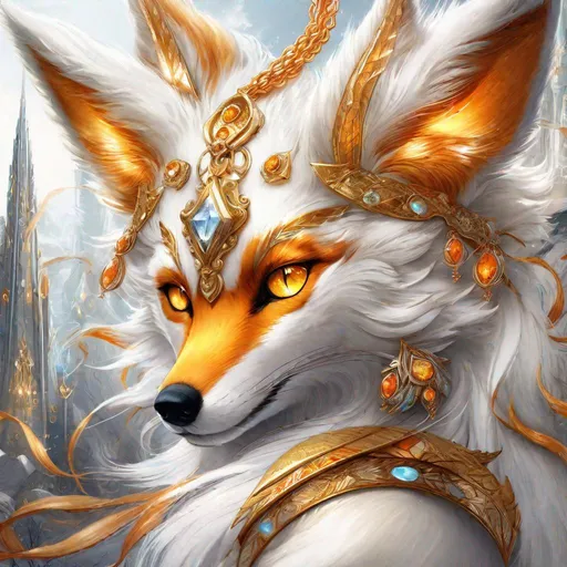 Prompt: (masterpiece, hyper detailed, epic digital art, professional illustration, fine colored pencil), Adolescent runt ((kitsune)), (canine quadruped), nine-tailed fox, dreamy amber eyes, big 8k eyes, fuzzy {white-gold} pelt, (golden necklace with brilliant orange gemstone), pointy brown ears, in a large futuristic city, skyscrapers tower above her, the city lights up against twilight, possesses ice, timid, curious, expressive bashful gaze, slender, scrawny, fluffy gold mane, {frost} on face, frost on fur, fur is frosted, sparkling ice crystals in sky, sparkling ice crystals on fur, sparkling rain falling, frost on leaves, dreamy, melodic, highly detailed character, full body focus, perfect composition, trending art, 64K, 3D, illustration, professional, studio quality, UHD, HDR, vibrant colors