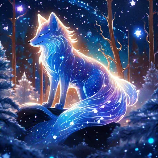 Prompt: An elegant translucent kitsune that is glowing, sparkles trailing behind, in a winter forest, beneath the milky way galaxy, bioluminescent, highres, best quality, concept art