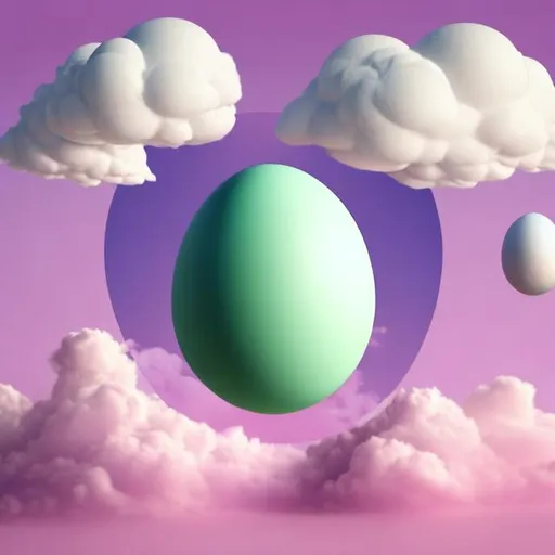 Prompt: a person that has an egg as a head and there's a cloud like background with pink pastels and then right behind the egg head there is a green box with a heart drawn