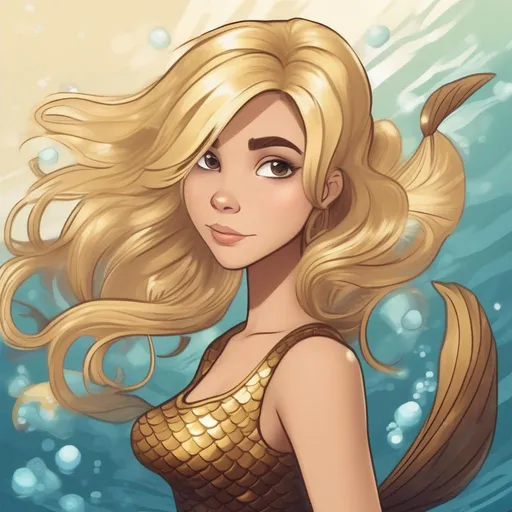 Prompt: Mermaid, gold mertail, short blond hair, brown top, Access Pass, masterpiece, best quality, in cartoon style