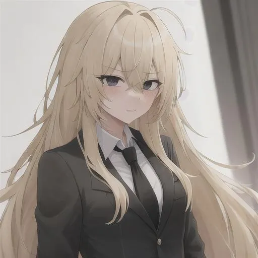 Prompt: girl, blond, long hair, messy, black eyes, sharp teeth, white shirt and black tie, high quality, tired, best quality, any anime art style,  manga style, 