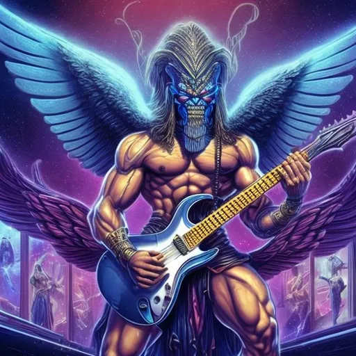 Prompt: Bodybuilding Assyrian Winged Genie playing guitar for tips in a busy alien mall, widescreen, infinity vanishing point, galaxy background