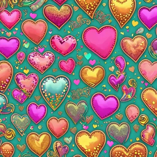 Prompt: Cute glittery and metallic background with brightly colored heart variations in sizes Lisa Frank steampunk style