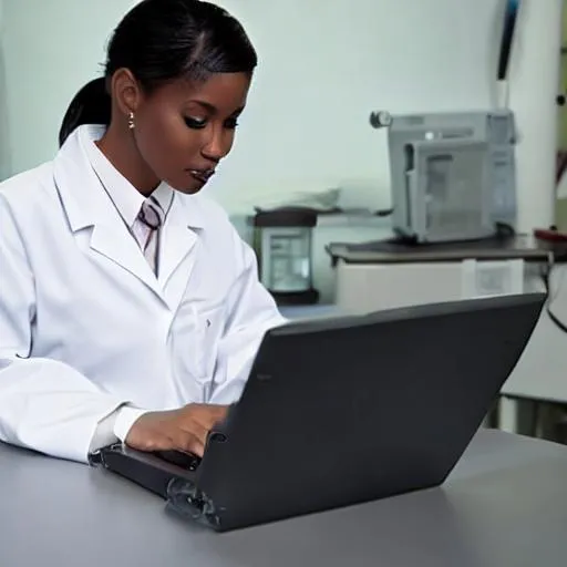 adult worker in labcoat typing on a computer | OpenArt