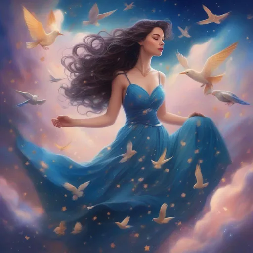Prompt: A colourful, beautiful brunette, Persephone, in a beautiful flowing dress made of stars in the clouds with birds flying around. In a photorealistic painted Disney style.