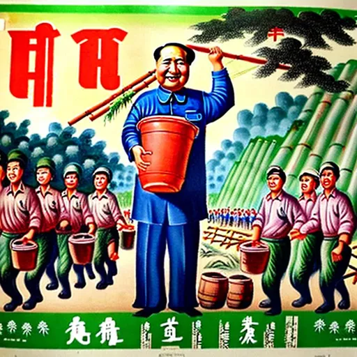 Prompt: 1960s Chinese propaganda poster of a smiling Mao Zedong carrying water buckets attached to a horizontal bamboo pole over his shoulder, Mao Zedong is surrounded by farmers and workers, Mao is in a village, highly detailed, highly decorated, masterpiece