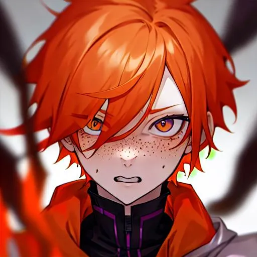 Prompt: Erikku male adult (short ginger hair, freckles, right eye blue left eye purple) UHD, 8K, Highly detailed, insane detail, best quality, high quality, 