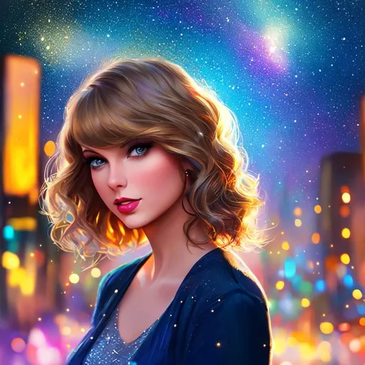 Prompt: a pixar style painting of a woman who looks like Taylor Swift, city background, nighttime, galaxy, soft light, art, painting, sweet, fireflies