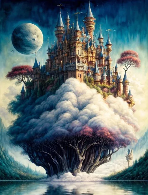 Prompt: A magical castle, floating in clouds, surrounded by funny trees. Art by Daniel Merriam, AURIKA PILIPONIENE, IRA KENNEDY, Arthur Rackham, MARIA SERAFINA Tribunella, DEBBIE CRISWELL, Arief Putra, Anita Inverarity,  Itzchak Tarkay, remedios varo. Super clear resolution, cinematic smooth, polished finish, watercolor ink.