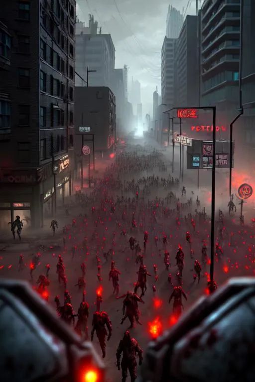 Prompt: zombie horde on a dystopian city street :: postapocalyptic :: photorealistic :: 64 megapixels :: 8k resolution :: sinister :: horror :: ominous :: trending on Artstation :: Unreal Engine 5 :: deep colors :: volumetric lighting :: bokeh