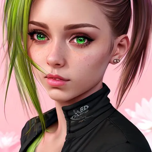 Prompt: Hyper Realistic, UHD, hd , 8k, E-girl, hyper realism, Very detailed, full body visible, handsome young girl, nose pierced, long brown with pink strains hair, blush, bright green eyes, strong eyeliner (drama look), ,bloom effect, pony tail