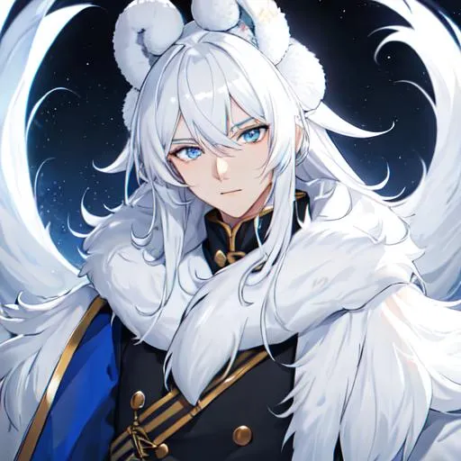 Prompt: Male, 8k, UHD,  highly detailed, white hair, blue eyes, wearing a fluffy giant jacket and a ushanka