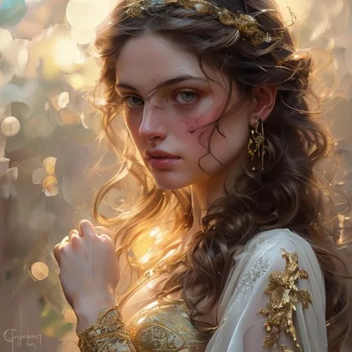 Prompt: super clear resolution, polished finish, muted colors, realistic woman, beautiful stunning delicate face, white fancy dress with gold details , light rose silky wavy hair, fair smooth skin art by andrew atroshenko, pino daeni, artgerm, {breast}, Charlie bowater, wlop, silver intricate details, beautifully lit, highly detailed fantasy art, photorealistic, extreme depth of field, standing imagery, full body