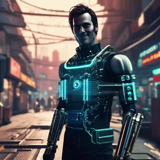 Prompt: android handsome man companion with smile with metal body  in cyberpunk future