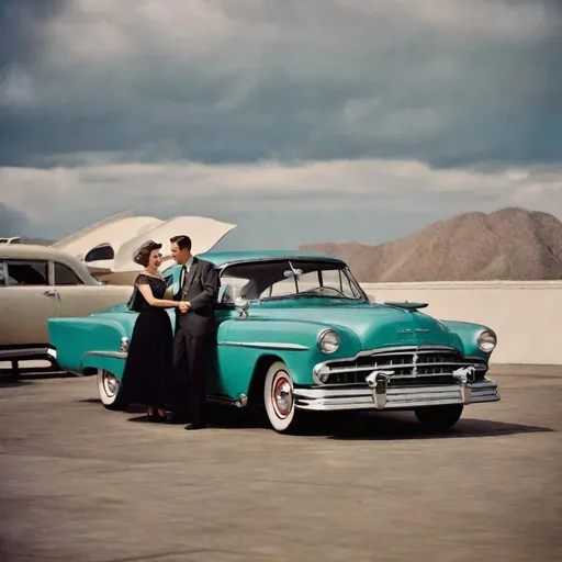 Prompt: 1950s Couple next to their brand new 1957 Dodge Royal Lancer