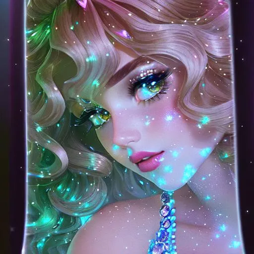 Prompt: Beautiful and sweet girl of warm glaze, wearing vaporous mini dress, discrete make up, glowing up, large curly black marine blue hair, light sparkles, drapping, big lips, pink cheeks, translucid, unreal engine 148k octane, 3d lightning, stellar clouds, quartz and opal, gem rain, soft white skin, long wavy hair, nice smile, luminous chest, fantasy, silence