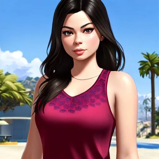 Prompt: Miranda Cosgrove in GTA 5, beautiful, sunny day, highly detailed, realistic, los santos