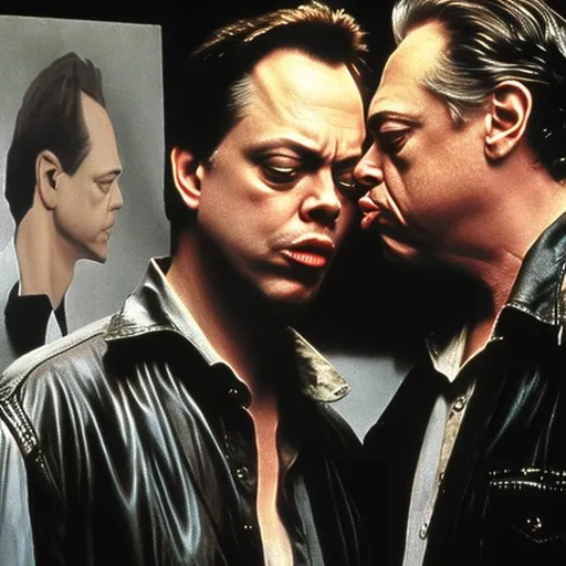 Prompt: Centered shot. Vincent D’onofrio is lovingly kissing and holding Steve Buscemi. Hyper realism.