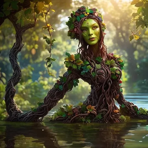 Prompt: Beautiful Treant woman, colorful flowers (wooden skin:1.3), brown straight vines, face made out of vines, flowers, waist deep in water, by wlop