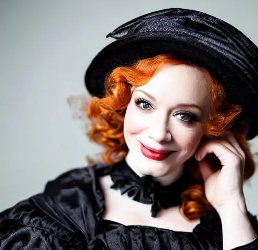 Prompt: Closeup photo portrait of {Christina Hendricks}, victorian dress, victorian cloak, smiling, look at the camera, look over the shoulder, victorian hat, beautiful face, detail face, hyperrealistic, elegance, soft lightning, photography, ultra details, symmetrical face, 85mm lens, f8, ideal human, curvy, natural eyes, realistic eyes