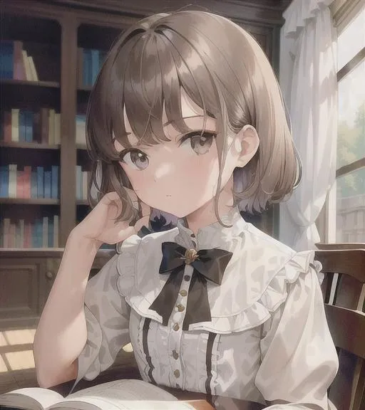 Prompt: (masterpiece, illustration, best quality:1.2), 1girl, solo, (petite body, white blouse, dark brown shorts:1.3), short intricate hair, stray hairs, no bangs, looking at books, playful demeanor, brown shorts, ruffles, foggy grey eyes, white hair, finely detailed, detailed face, toned face, beautiful detailed eyes, beautiful detailed shading, beautifully detailed background, warm atmosphere 