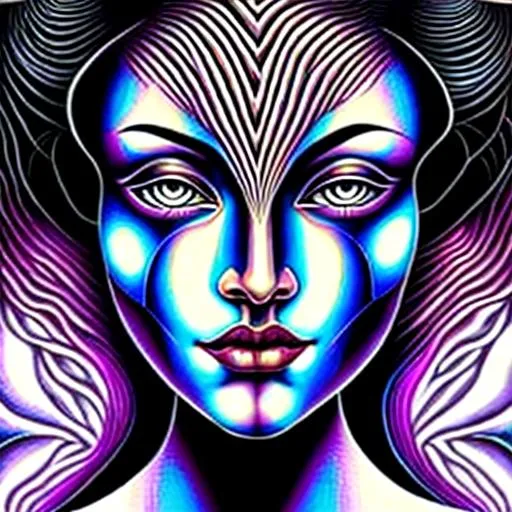 Prompt:  Geometric background backlit in the style of Alex Grey, In the foreground is a beautiful woman, in the style of Botticelli, Gray hair with blood stains, Gray-colored eyes, haunting look, 