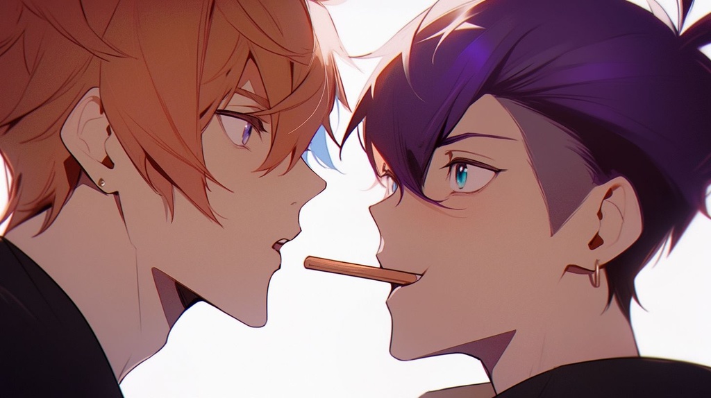 Prompt: two handsome gay men sharing a stick of pocky between them on either side, one with purple hair and blue eyes, the other with short messy ginger hair falling between eyes, blue eyes, Tartaglia Genshin impact --iw .4 --upbeta --niji 5 --style expressive --ar 16:9