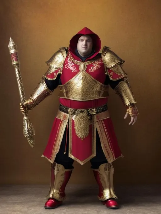 Prompt: full body man, wizard, sorcerer, portly man, fantasy world, full body red armour, gold decorations, hiper details, ultra realistic, polish texture, studio light
