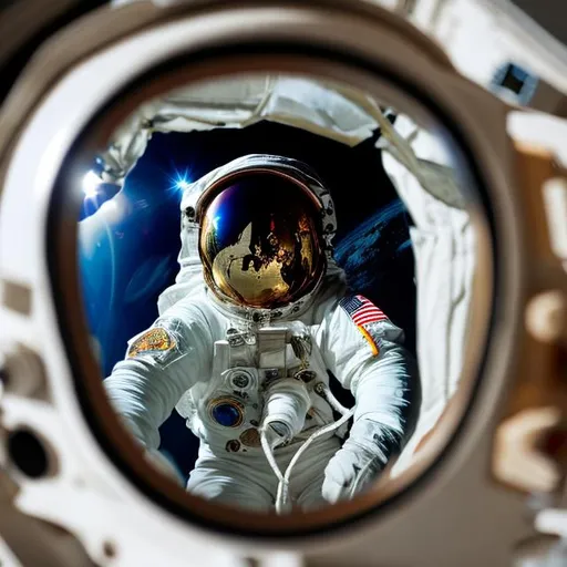 Prompt: A astronaut in space. Through the mirror of the suit is earth