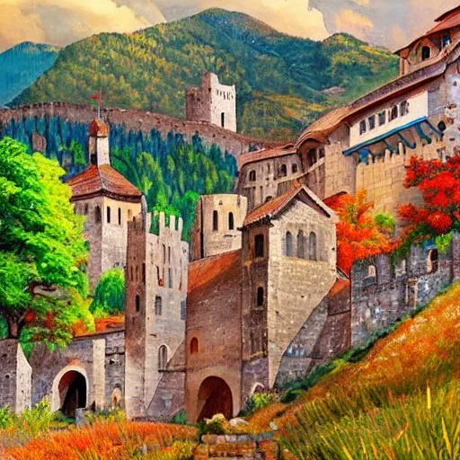 Prompt: medieval city, tall walls around, in a valley of mountains, forest around the town, summer vibes, colorful, landscape, akril painting, 
