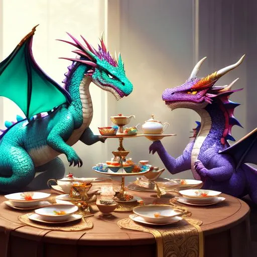 Prompt: colorful dragons having a tea party, and a cute face, perfect composition, hyperrealistic, super detailed, 8k, high quality, trending art, trending on artstation, sharp focus, studio photo, intricate details, highly detailed, by greg rutkowski, illustration, watercolor