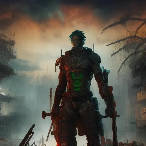 Prompt: Cyberpunk male with tattoos, strong apocalyptic, swords, guns, axes, anatomical, dark, gothic, mech, hazardous waste, green, blue, orange, emo, trees