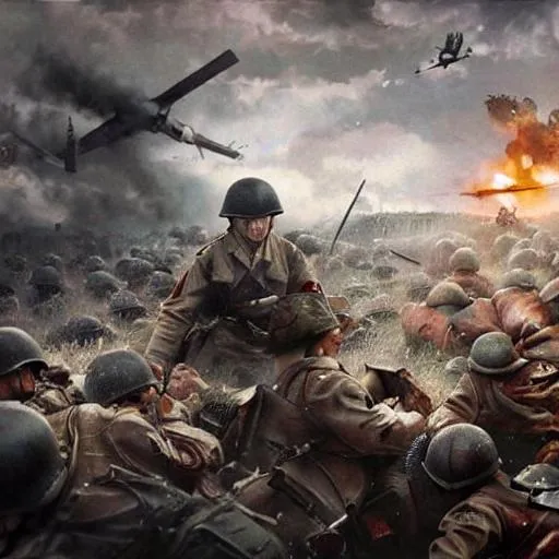 Prompt: A hyper realistic 8k painting in the style of anime ,of a bloody battle in ww2 ,with lots of angst in 8k,multiple armies fighting ,
