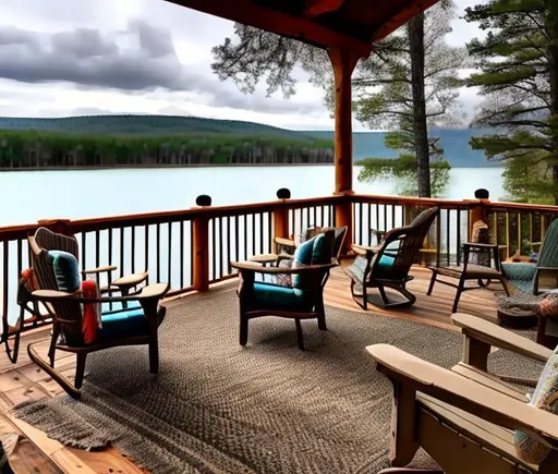 Prompt: Wrap-around porch with cozy seating, cushions, rugs, and lit fireplace and stormy lake in the background