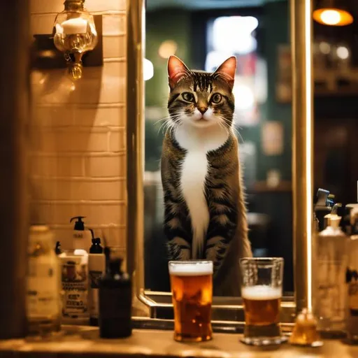 Prompt: A cat is in the bathroom of a bar holding a pint glass and looking into the mirror